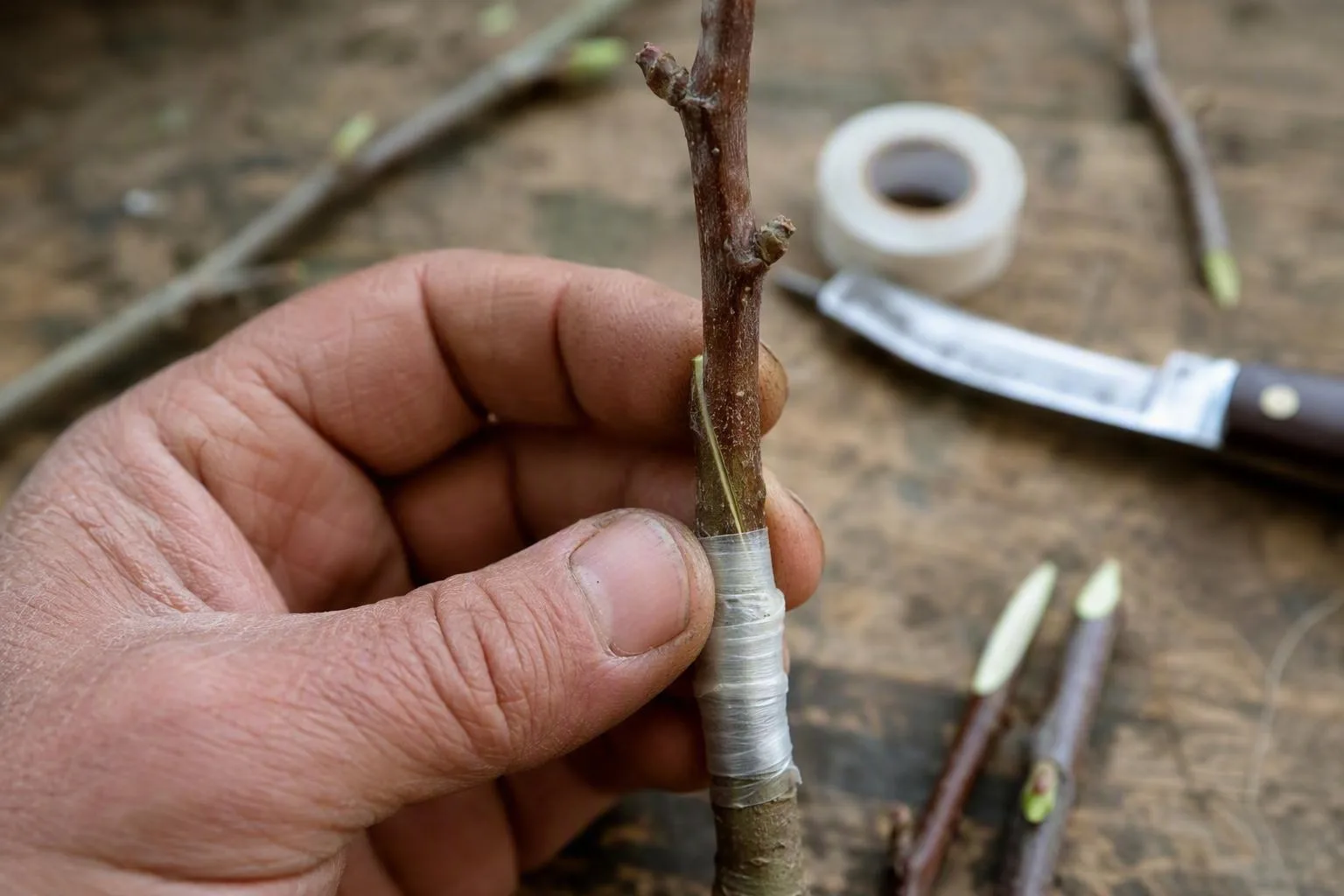 Joined grafting cuts show fitted tongues and one aligned cambium edge before the union is secured.