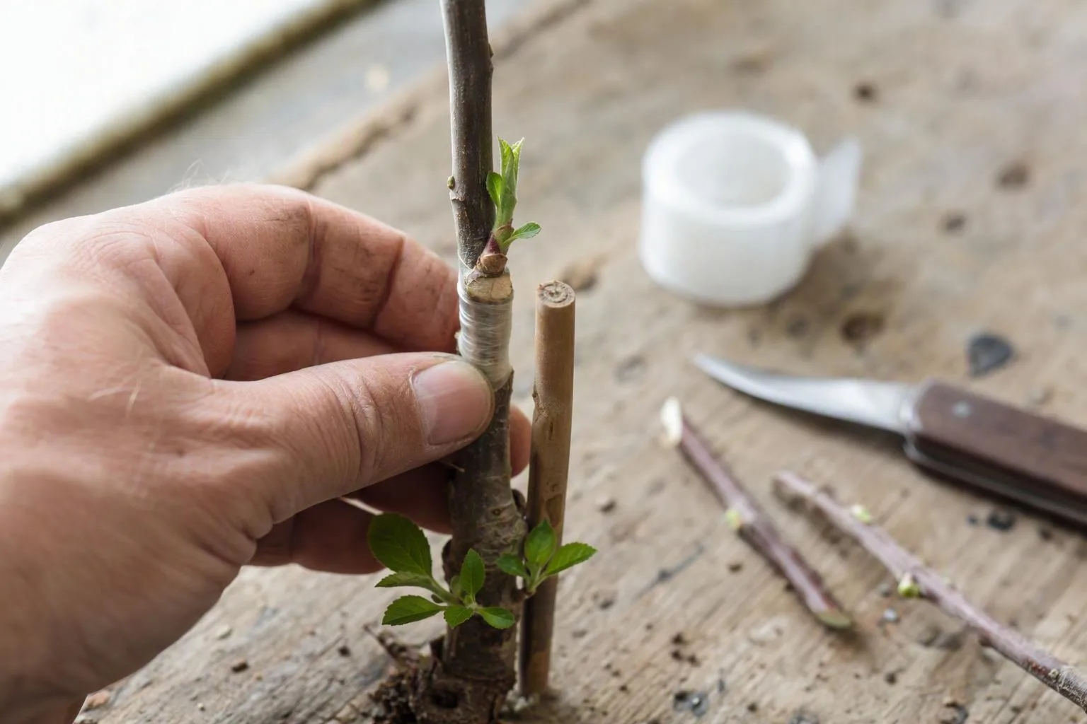 A tied graft shows a new bud opening above the join while small shoots emerge below it.