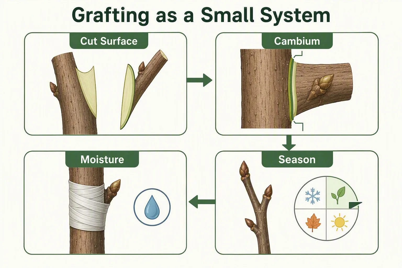 Four labeled steps show how a fresh cut, aligned cambium, moisture seal, and season work together in a tree union.