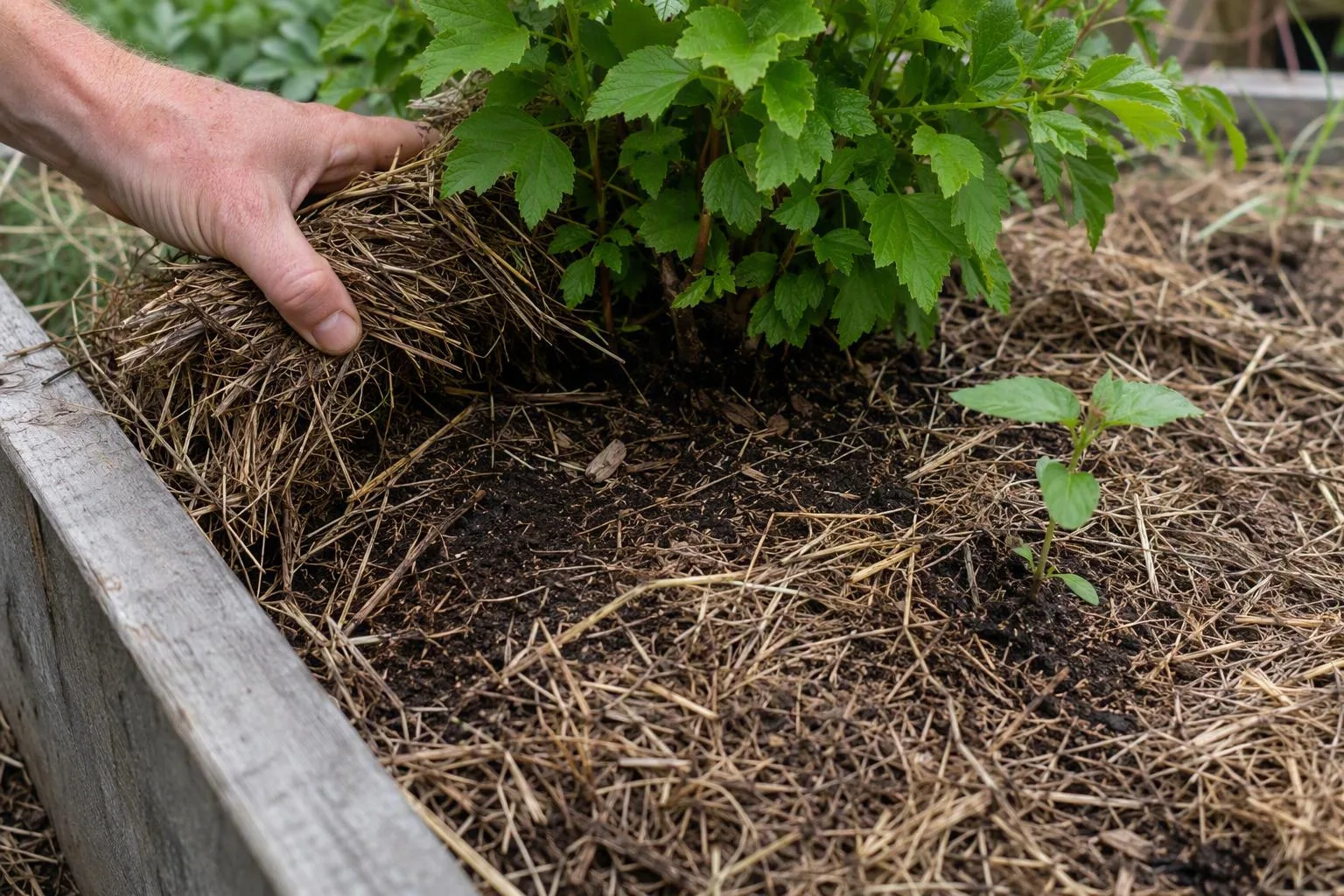 A hand clears mulch from a perennial crown beside thinner and deeper layers around nearby plants.