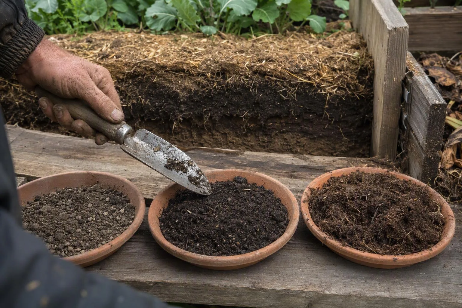 Opened raised bed soil shows wet smeared fines beside loose crumbs with visible air spaces.