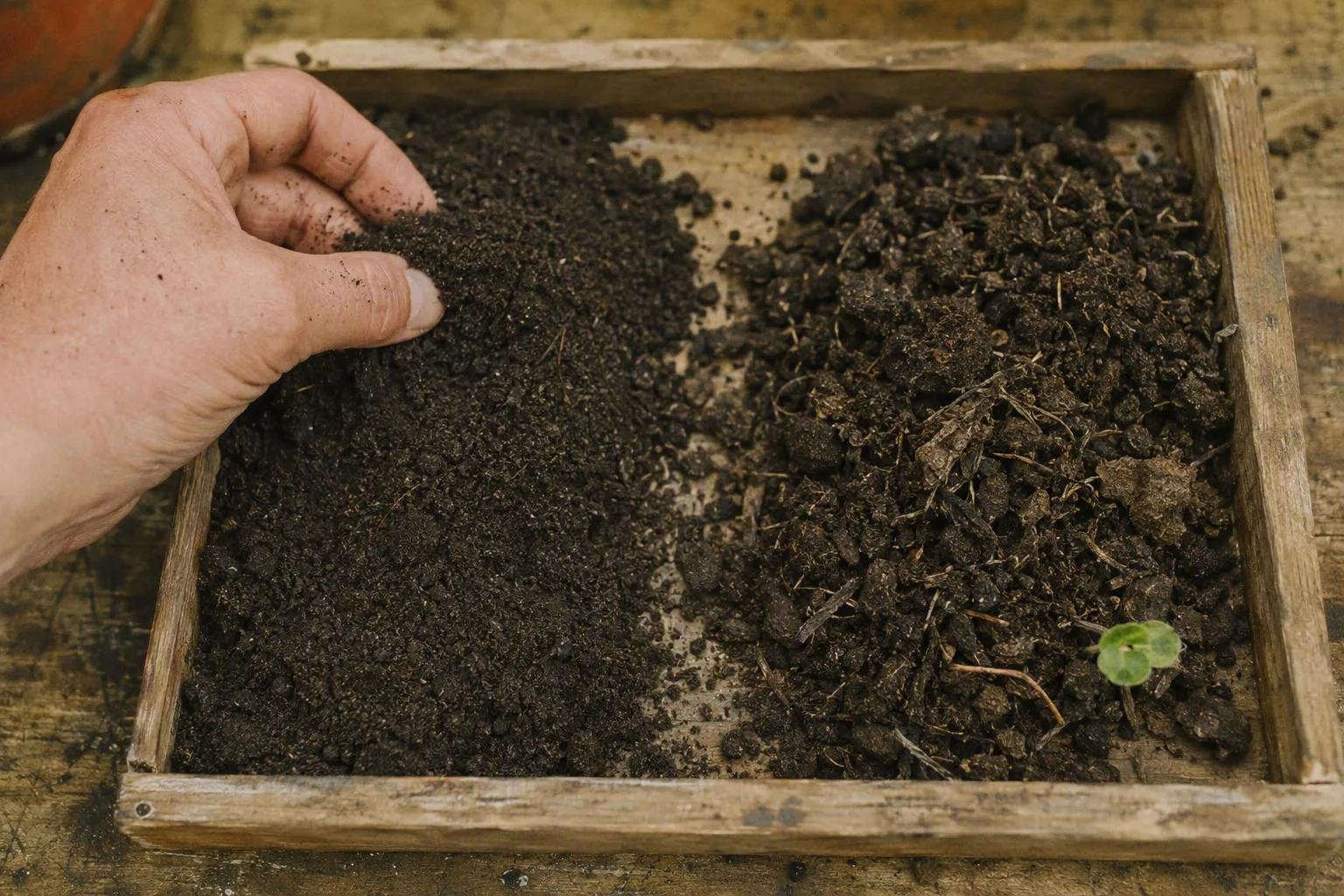 A hand pinches fine soil beside a looser mix, showing the contrast between water-holding density and open air spaces.