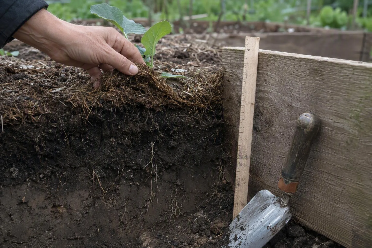 A hand lifts mulch to reveal compost, mineral soil, and roots extending into the ground below the raised bed.